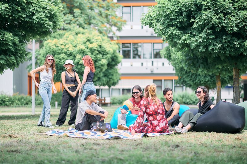 Studierende sitzen entspannt auf Decken im Gras und unterhalten sich