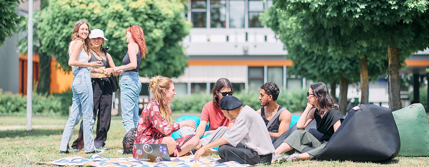 Studierende sitzen in der Sonne auf einer Wiese, unterhalten sich und spielen Ball